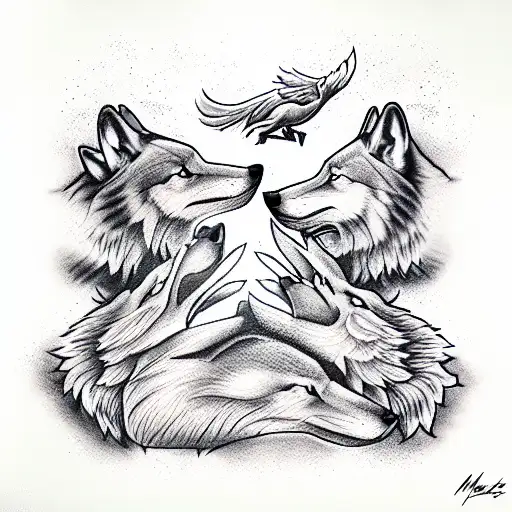 3 wolves, one adult and two pups. a phoenix flying above. A fox laying with  tattoo design idea