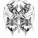 3 wolves  a phoenix flying. biomechanical forest tattoo design idea