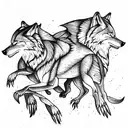 3 wolves  a phoenix flying. biomechanical forest tattoo design idea
