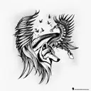 3 wolves  a phoenix flying. biomechanical forest tattoo design idea