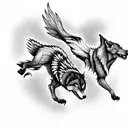 3 wolves  a phoenix flying. biomechanical forest tattoo design idea