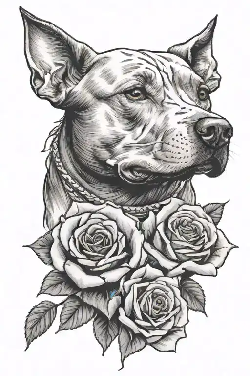 roses and pitbull dog  tattoo design idea