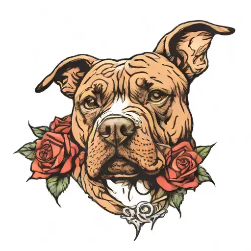 roses and pitbull dog tattoo design idea