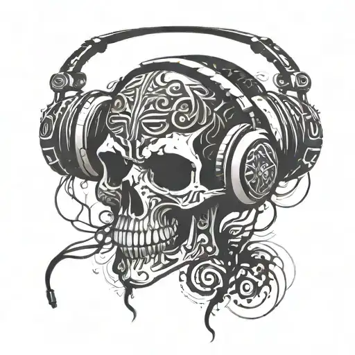 skull wearing headphones listening to music tattoo design idea