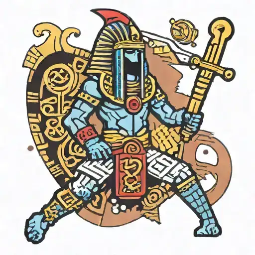 A tattoo design featuring a pixelated video game character wielding a sword, surrounded by ancient Egyptian symbols and hieroglyphics tattoo design idea