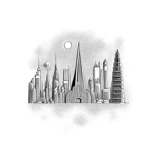 A futuristic cityscape with towering skyscrapers and flying cars tattoo design idea