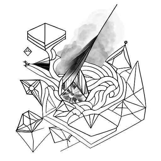 Crystal, with a feather and a tornado around it, colors black and violet only tattoo design idea