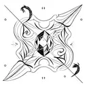 Crystal, with a feather and a tornado around it, colors black and violet only tattoo design idea