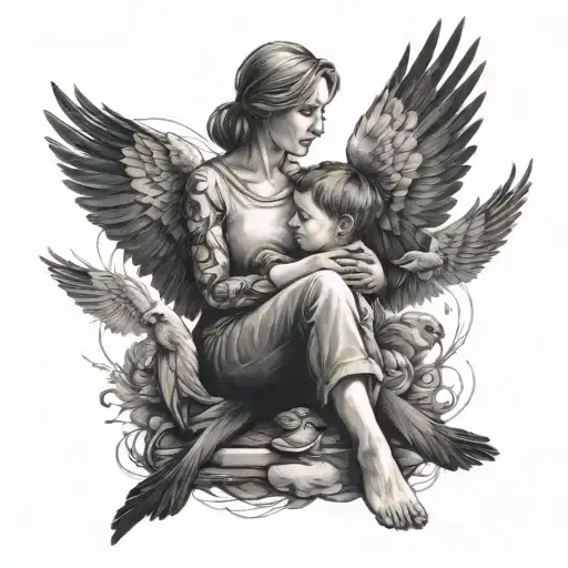 mom with a young boy in her lap watching birds fly above  tattoo design idea
