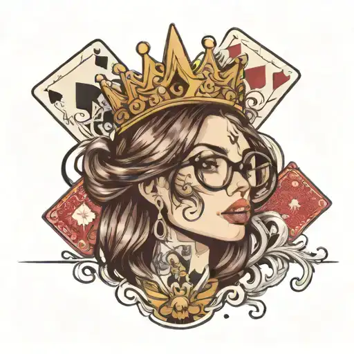 girl in profile, opens mouth, sticked out tongue, glasses, straight brown hair, long nose, crown, ace of spades card tattoo design idea
