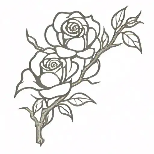 A black and white tattoo outline of a bunch of thick old spooky branches on the back of 2 spooky roses with a few leaves tattoo design idea