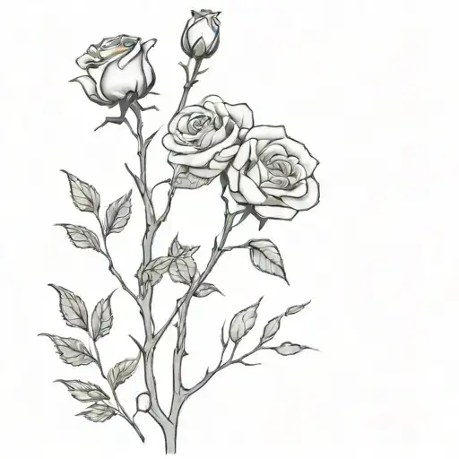 A black and white tattoo outline of a bunch of thick old spooky branches on the back of 3 spooky roses with a few leaves tattoo design idea
