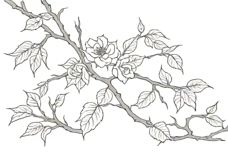 A black and white tattoo outline of a bunch of thick old spooky branches on the back of spooky roses with a few leaves tattoo design idea