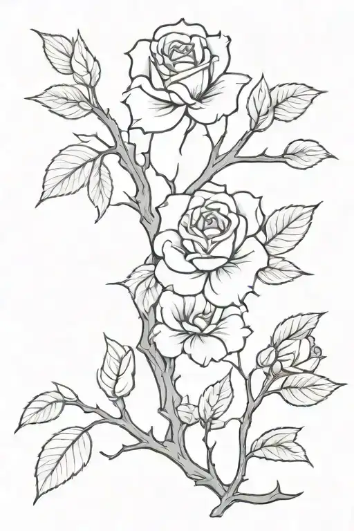 A black and white tattoo outline of a bunch of thick old spooky branches on the back of spooky roses with a few leaves tattoo design idea