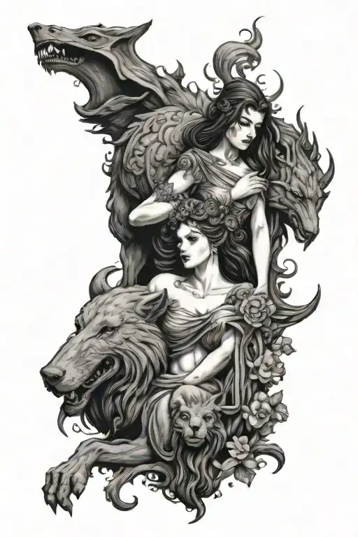 Persephone and hades with cerberus tattoo design idea
