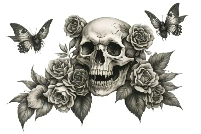 bear wings skull flowers tattoo design idea