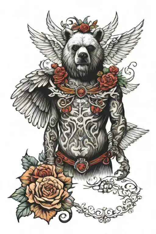 Tutu on the chest for men with a bear, wings, skulls, flowers, trees tattoo design idea