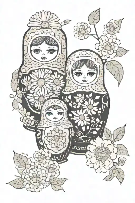 nesting dolls surrounded by chamomile and Russian folk art  tattoo design idea