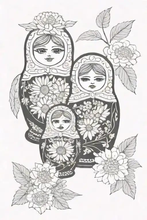 nesting dolls surrounded by chamomile and Russian folk art  tattoo design idea