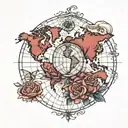 World map, compas rose, american traditional style, plane tattoo design idea