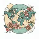 World map, compas rose, american traditional style, plane tattoo design idea