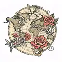 World map, compas rose, american traditional style, plane tattoo design idea