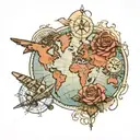 World map, compas rose, american traditional style, plane tattoo design idea