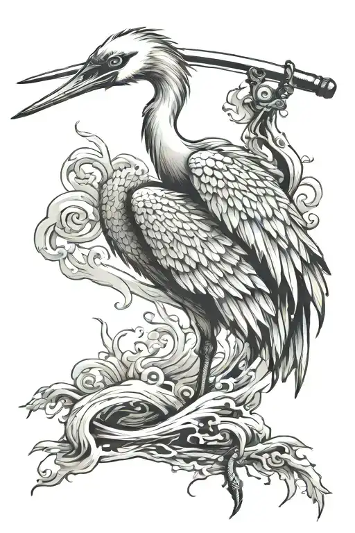 crane standing on the handle of a katana that is stuck in water tattoo design idea