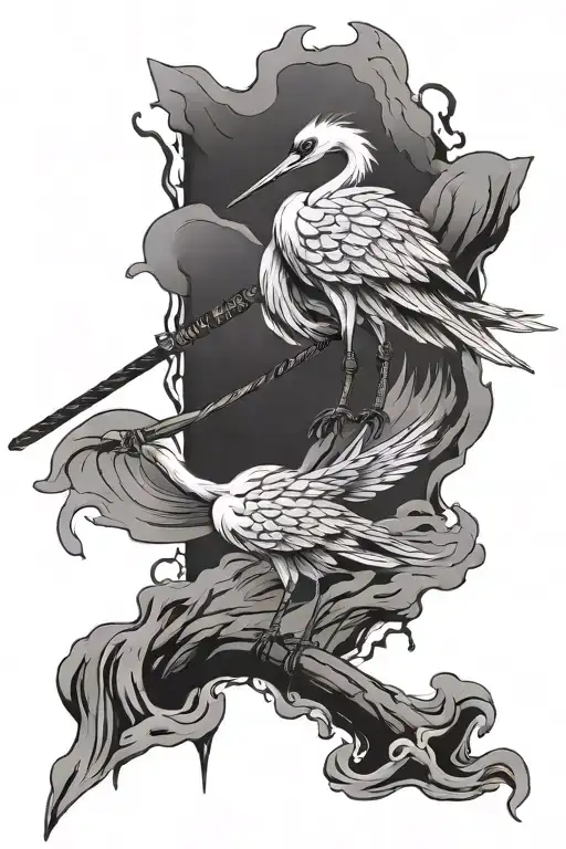 crane standing on the handle of a katana that is stuck in water tattoo design idea