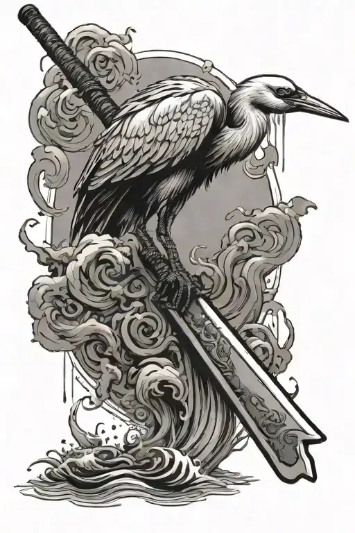 crane standing on the handle of a katana that is stuck in water. Tattoo tattoo design idea