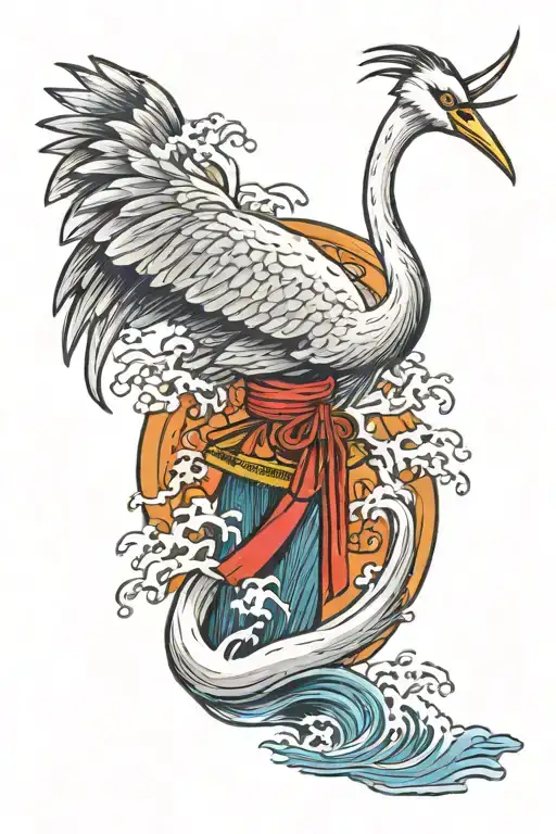 crane posing on a katana stuck in water tattoo design idea