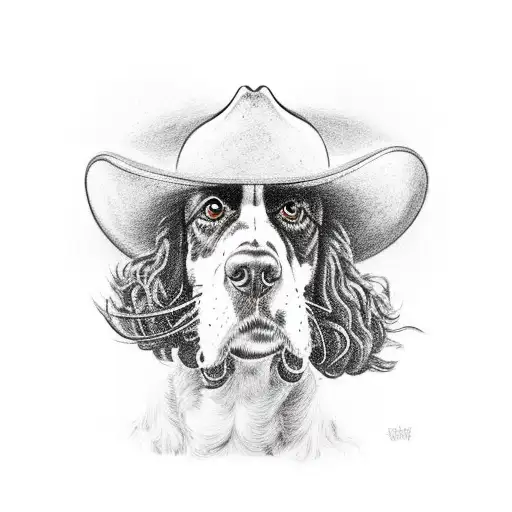 english springer spaniel dog wearing a cowboy hat looking in to the sky tattoo design idea
