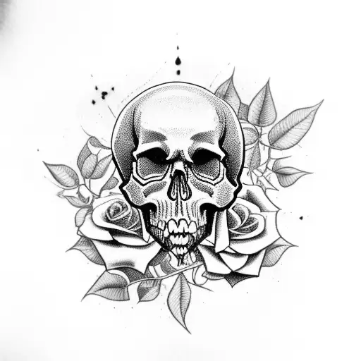 skull overgrown with trees and garden rose tattoo design idea