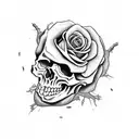skull overgrown with dead rose tattoo design idea