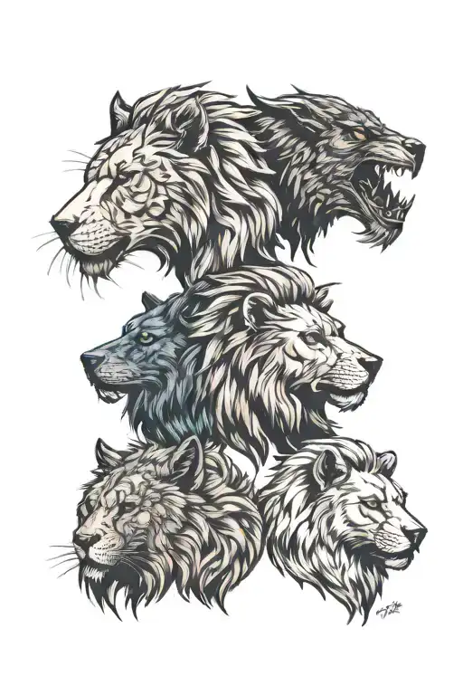 1 lion head, 1 wolf head, 1 eagle head tattoo design idea
