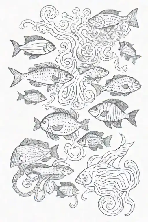 sardine swarm and other sea stuff ex : octopus, clam, kale tattoo design idea