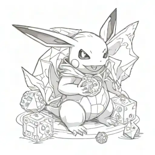 a pokemon playing magic the gathering sorounded by dnd dice, video games and geeky stuff tattoo design idea