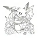 a pokemon playing magic the gathering sorounded by dnd dice, video games and geeky stuff tattoo design idea