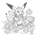 a pokemon playing magic the gathering sorounded by dnd dice, video games and geeky stuff tattoo design idea