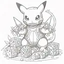 a pokemon playing magic the gathering sorounded by dnd dice, video games and geeky stuff tattoo design idea