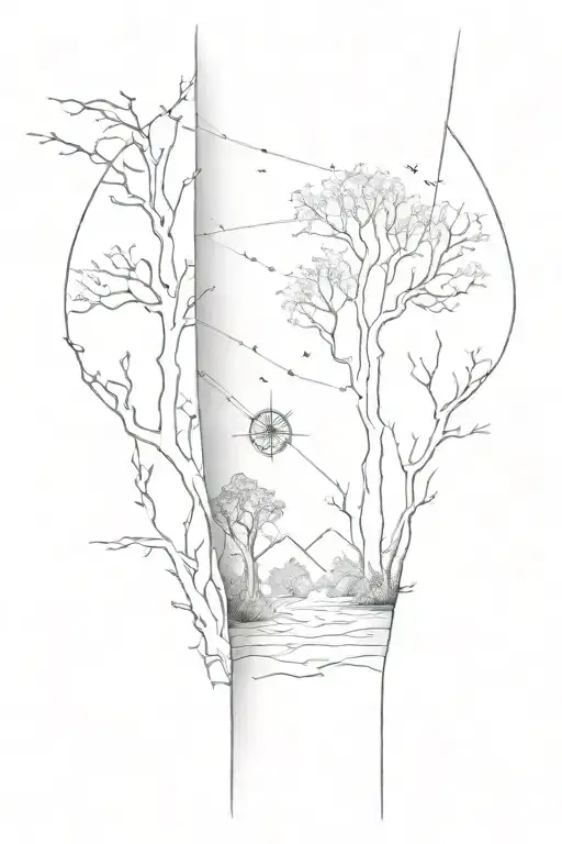 Arm sleeve with maple trees, pulsar map, compass, and someone falling into a void tattoo design idea