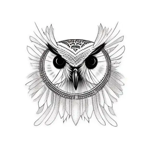 I need an owl to tattoo on my neck, with eyes as if it were angry, giving a lot of presence and large feathers tattoo design idea