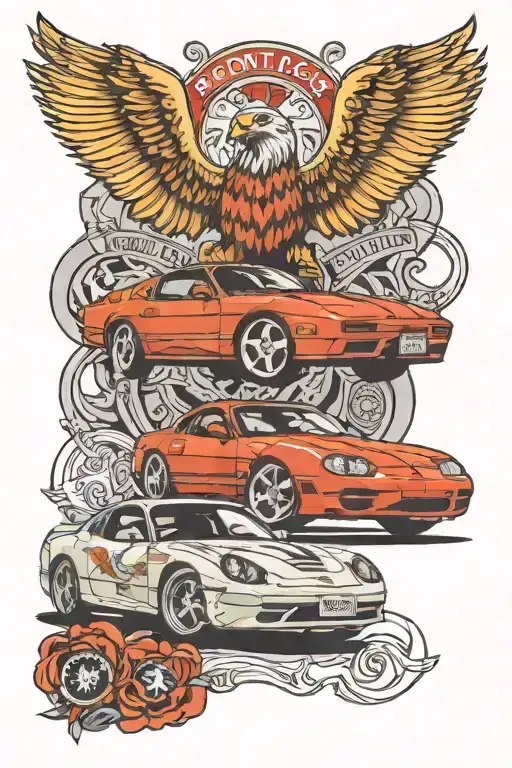 tattoo design of a Pontiac Firebird and Porsche 996 at a gas station  tattoo design idea