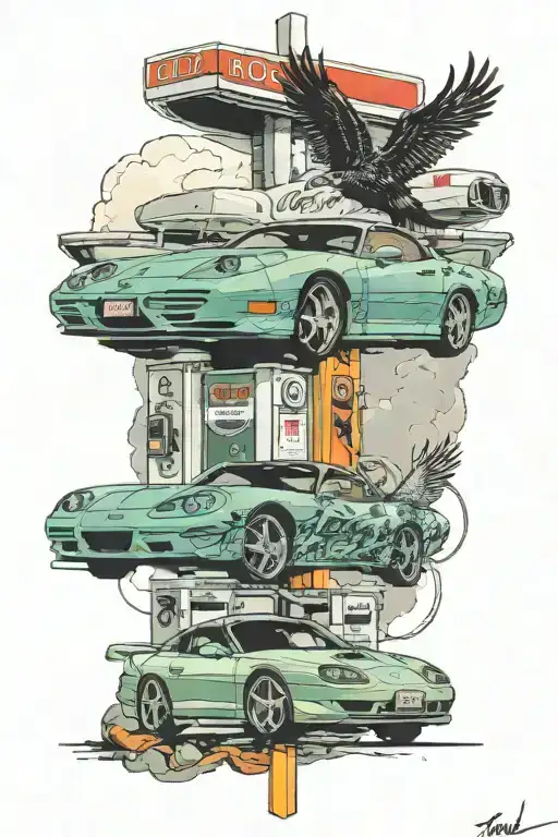 1996 Pontiac Firebird and 1999 Porsche 911 fueling up at a gas station  tattoo design idea