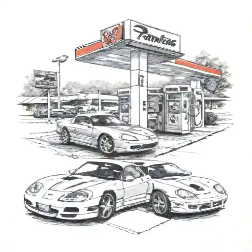 1996 Pontiac Firebird parked at a gas station next to a 1999 Porsche 996  tattoo design idea