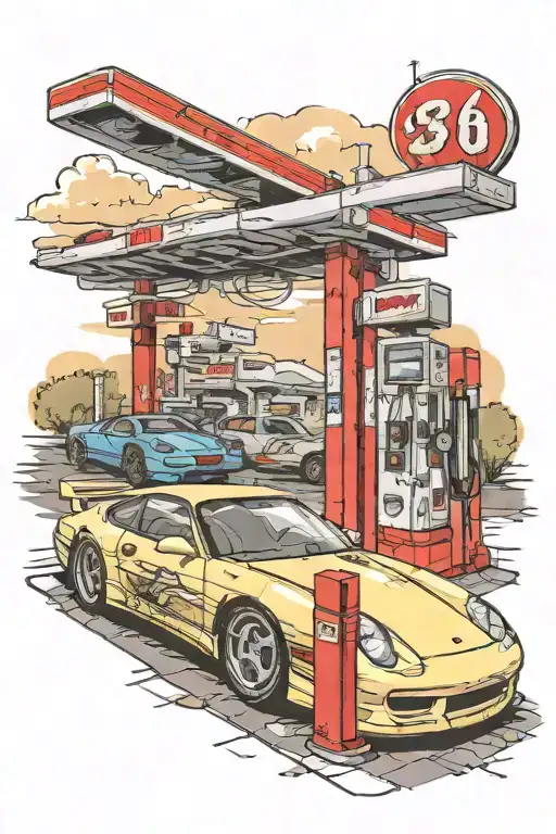 1995 trans am car and 1996 Porsche 911 fueling up at a gas station tattoo design idea