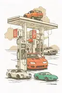 1996 Pontiac Firebird and 1999 Porsche 911 fueling up at a gas station  tattoo design idea
