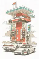1996 Pontiac Firebird and 1999 Porsche 911 fueling up at a gas station  tattoo design idea