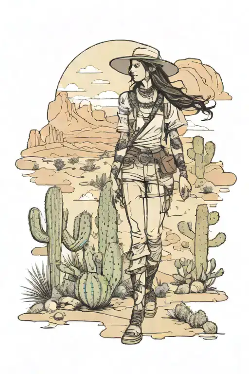 Western Boho girl walking through a dense desert landscape filled with cacti tattoo design idea