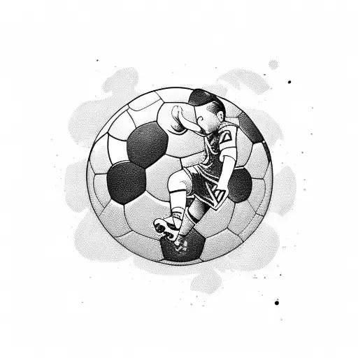 A blackwork tattoo of a soccer player kicking a ball with my son's name incorporated tattoo design idea